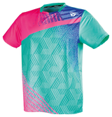 TTM-Store Tibhar PAINT turquoise and pink polyester-elastane table tennis polo shirt with geometric pattern.
