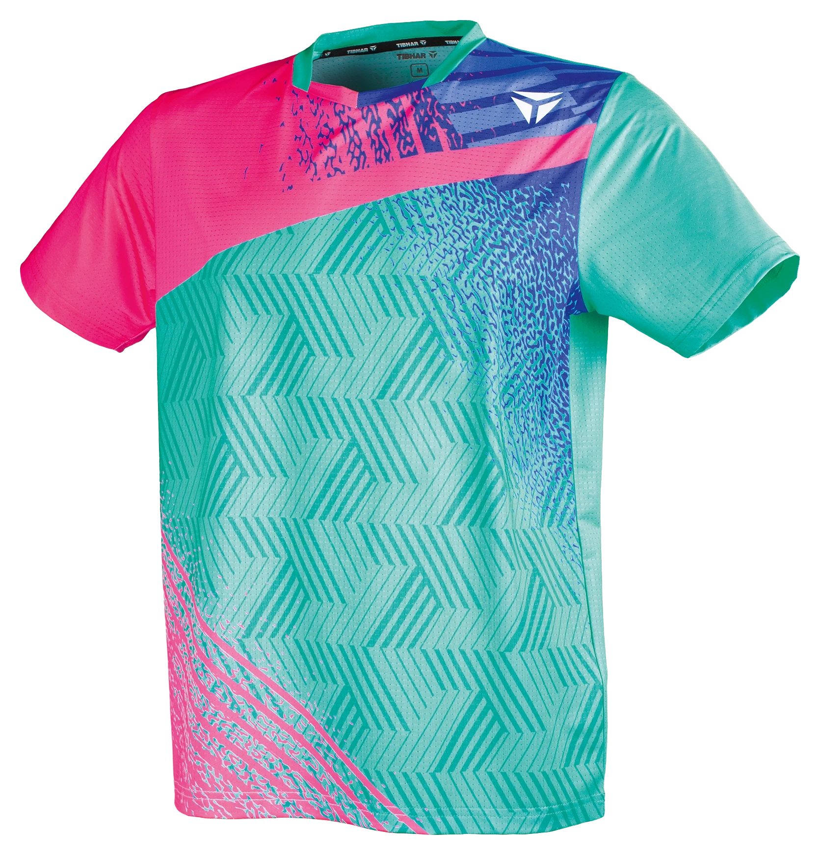 TTM-Store Tibhar PAINT turquoise and pink polyester-elastane table tennis polo shirt with geometric pattern.