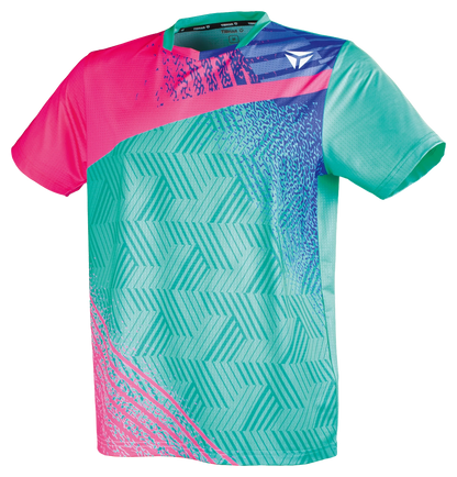 TTM-Store Tibhar PAINT turquoise and pink polyester-elastane table tennis polo shirt with geometric pattern.