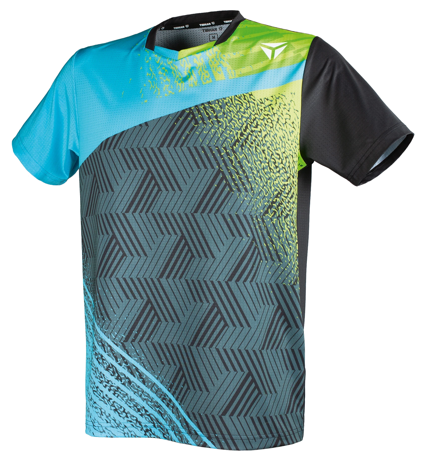 TTM-Store Tibhar PAINT table tennis polo shirt with blue, lime green, and black geometric pattern. Polyester/elastane blend.