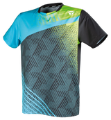 TTM-Store Tibhar PAINT table tennis polo shirt with blue, lime green, and black geometric pattern. Polyester/elastane blend.