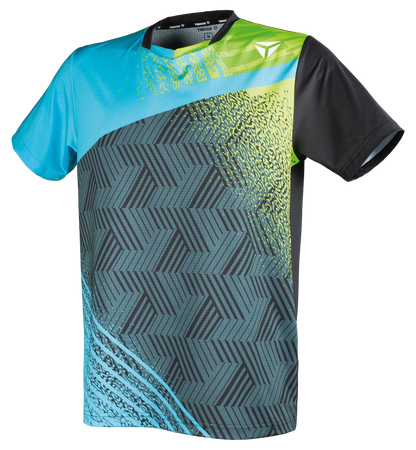 TTM-Store Tibhar PAINT table tennis polo shirt with blue, lime green, and black geometric pattern. Polyester/elastane blend.