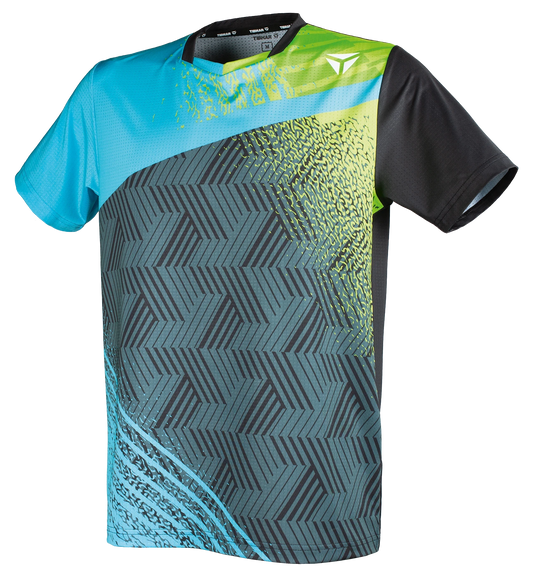 TTM-Store Tibhar PAINT table tennis polo shirt with blue, lime green, and black geometric pattern. Polyester/elastane blend.