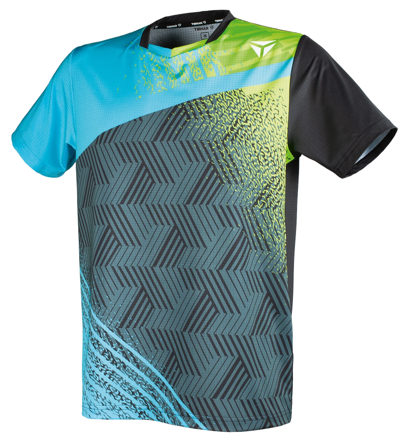 TTM-Store Tibhar PAINT table tennis polo shirt with blue, lime green, and black geometric pattern. Polyester/elastane blend.