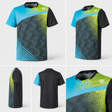 TTM-Store Tibhar PAINT table tennis polo shirt in turquoise, lime green, and black with a geometric pattern.
