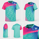 TTM-Store Tibhar PAINT table tennis polo shirt in turquoise, pink, and blue with geometric patterns and a modern design.