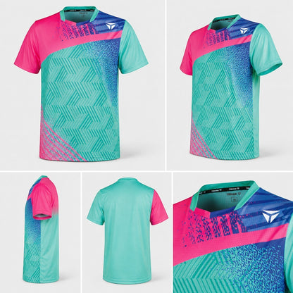TTM-Store Tibhar PAINT table tennis polo shirt in turquoise, pink, and blue with geometric patterns and a modern design.