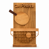 Handgefertigter TTM-Store Tischtennis-Pokal aus Holz für den 2. Platz mit Schläger- und Netz-Motiv